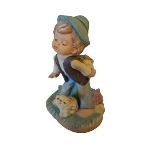 Porcelain Boy with Cat Holding Flowers Blowing Kisses Figurine Vintage